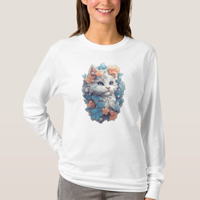 Cute White Blommigt Kattunge T Shirt (Framsida)