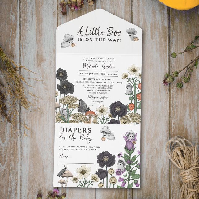 Cute White Blommigt Spöken Halloween Baby Shower (A Little Boo is on the way halloween baby shower all-in-one invitatios with diaper raffle card.)