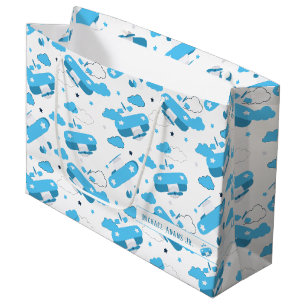 Cute White & Blue Flygplan och Clouds Kids Monogra