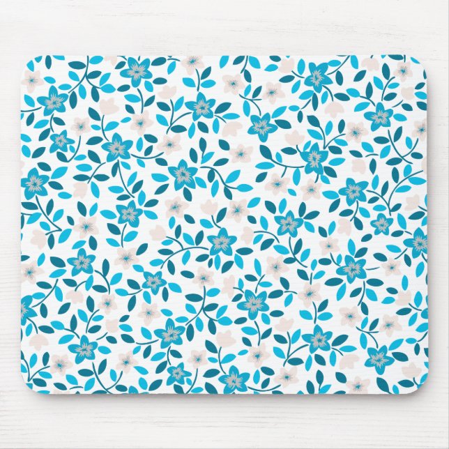 Cute white blue seamless vår blommor mönster musmatta (Framsidan)