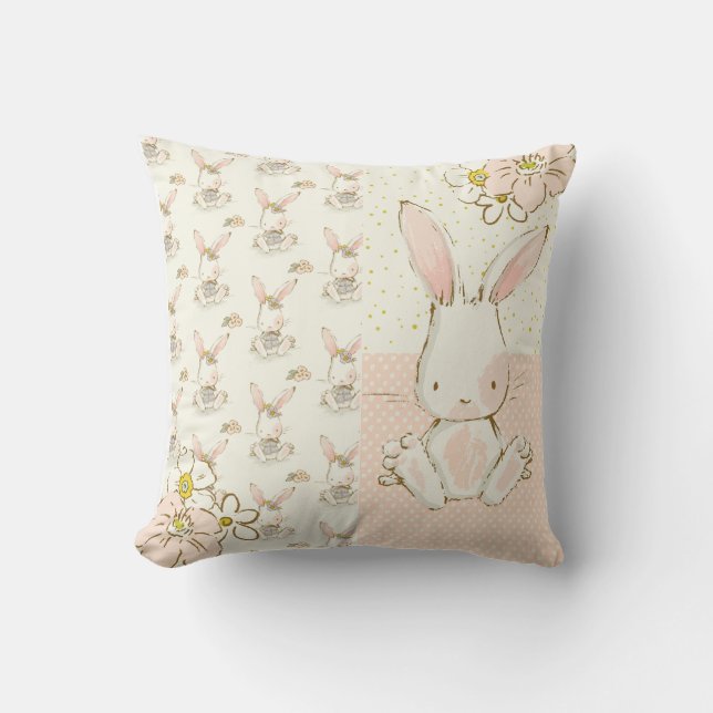 Cute White Bunny Blommigt Nursery Kudde (Framsida)