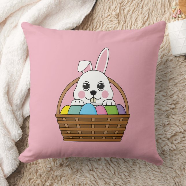 Cute White Bunny Colorful Påskägg Hunt Basket Kudde (Filt)