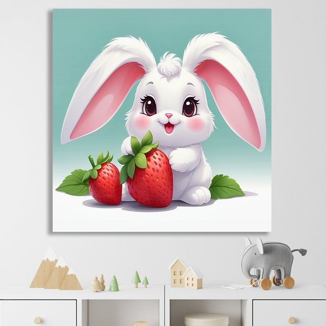 Cute White Bunny Holding Strawberries Poster (Skapare uppladdad)