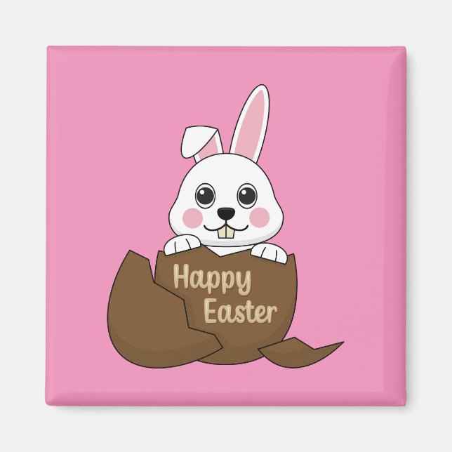 Cute White Bunny i Chocolate Egg Glad påsk Magnet (Framsidan)