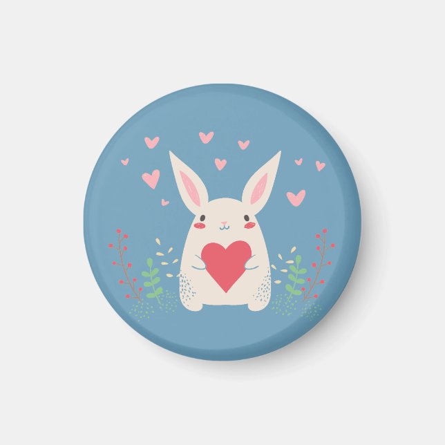Cute White Bunny med hjärta Magnet (Framsidan)