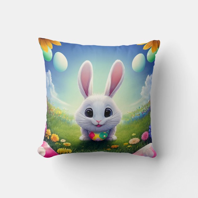 Cute White Bunny med Påskägg Kudde (Framsida)