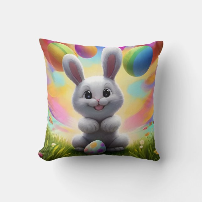 Cute White Bunny med Påskägg Kudde (Framsida)