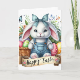 Cute White Bunny Overalls Illustration Påsk Helgkort