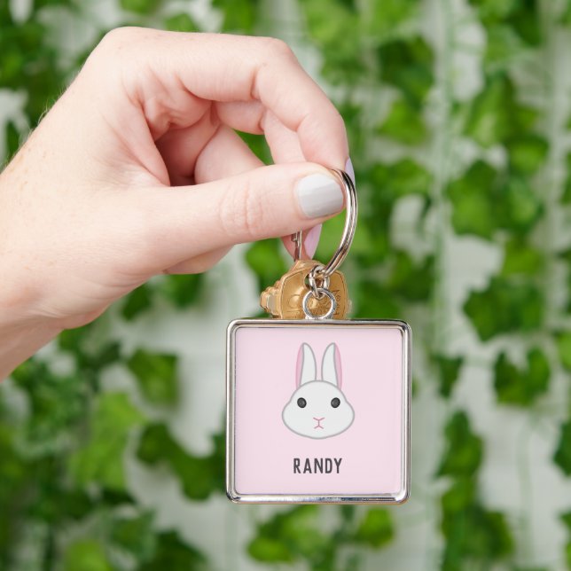 Cute white bunny på rosa fyrkantig silverfärgad nyckelring (Hand)