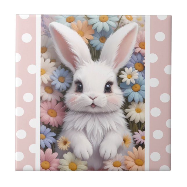 Cute White Bunny Pastel Daisy Flowers Kakelplatta (Framsidan)