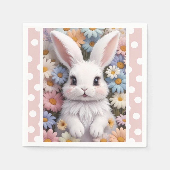 Cute White Bunny Pastel Daisy Flowers Pappersservett (Framsidan)