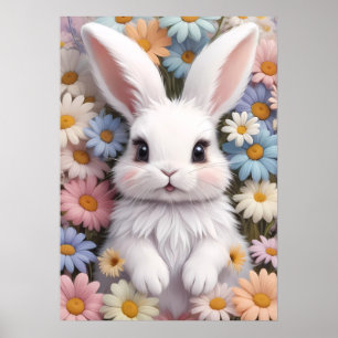 Cute White Bunny Pastel Daisy Flowers Poster