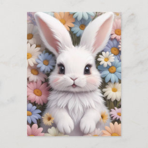 Cute White Bunny Pastel Daisy Flowers Vykort