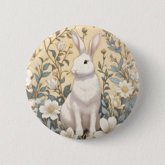 Cute White Bunny Pastel Gult Blommigt Knapp (Framsida)