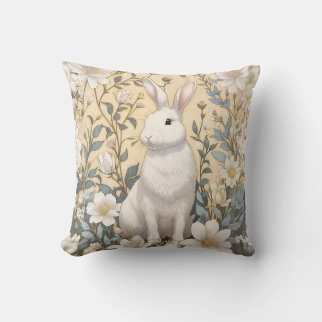 Cute White Bunny Pastel Gult Blommigt Kudde (Framsida)
