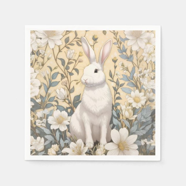 Cute White Bunny Pastel Gult Blommigt Pappersservett (Framsidan)