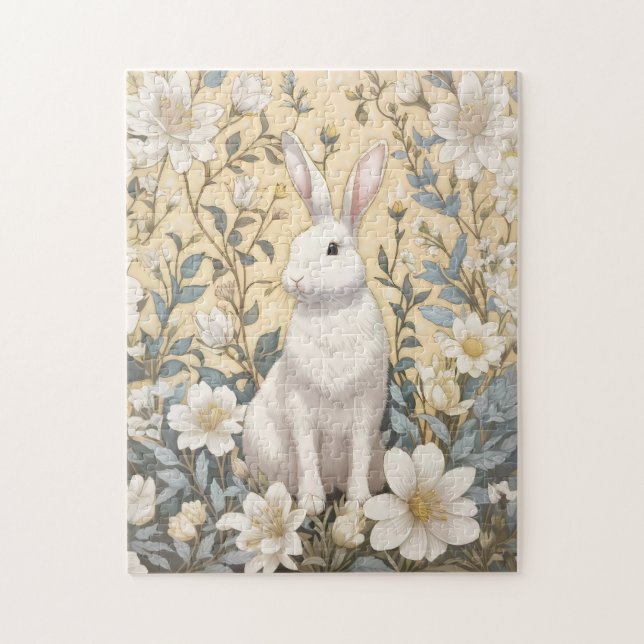 Cute White Bunny Pastel Gult Blommigt Pussel (Vertikal)