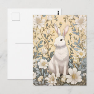 Cute White Bunny Pastel Gult Blommigt Vykort
