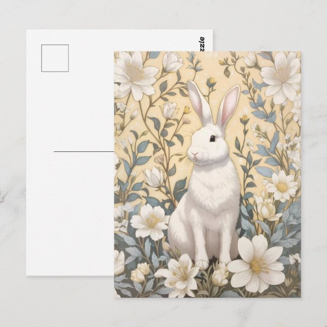 Cute White Bunny Pastel Gult Blommigt Vykort (Fram/baksida)