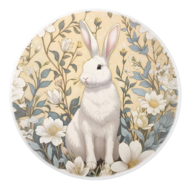 Cute White Bunny Pastel Yellow Floral  Knopp (Framsidan)