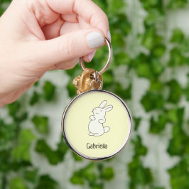 Cute white bunny personlig namn gult rund silverfärgad nyckelring
