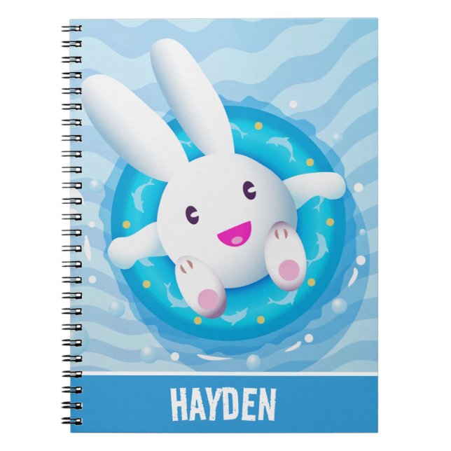 Cute White Bunny Pool Party Personalised Anteckningsbok (Framsidan)