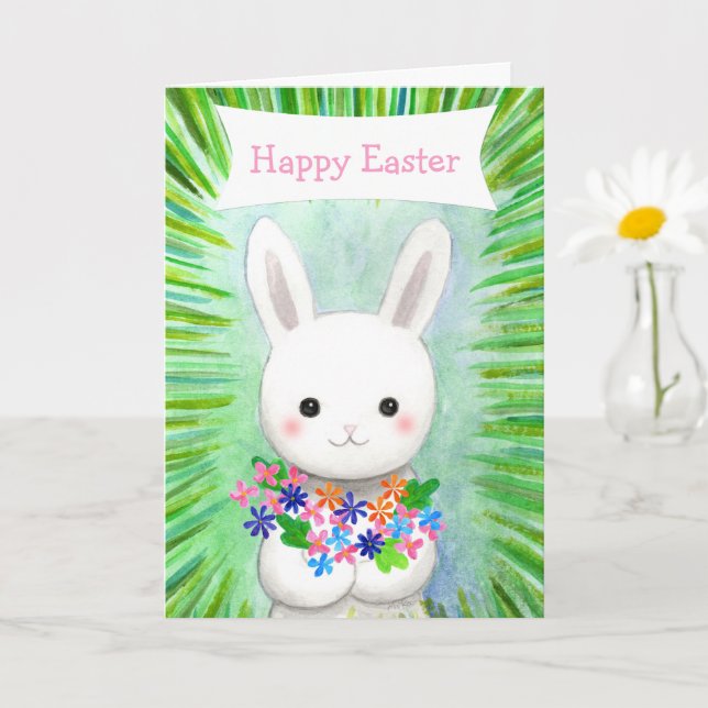 Cute White Bunny Rabbit Custom Text Happy Easter Kort (Liten växt)