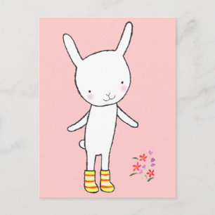 Cute White Bunny Rabbit Gult Boots Postcard MiKa Vykort