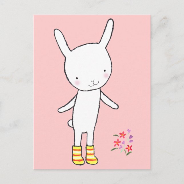 Cute White Bunny Rabbit Gult Boots Postcard MiKa Vykort (Framsida)