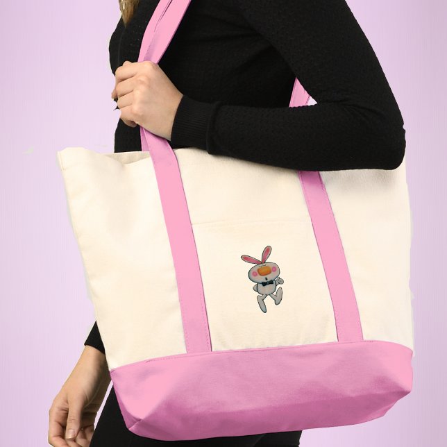 Cute White Bunny Rabbit Orange Nose Thumbs Up-teck Tygkasse (Cute white bunny rabbit rosy cheeks bow tie giving thumbs up sign on tote bag.)
