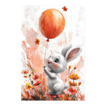 Cute White Bunny with Orange Balloon Digital Illus