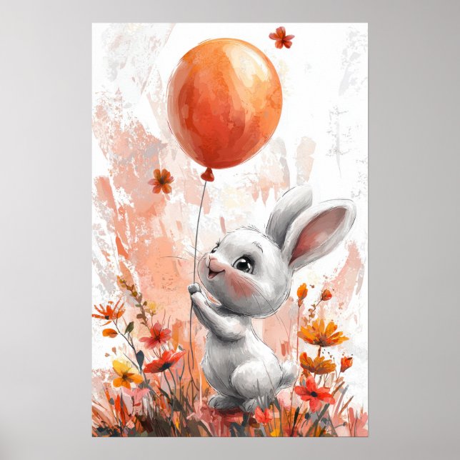 Cute White Bunny with Orange Balloon Digital Illus Poster (Framsidan)