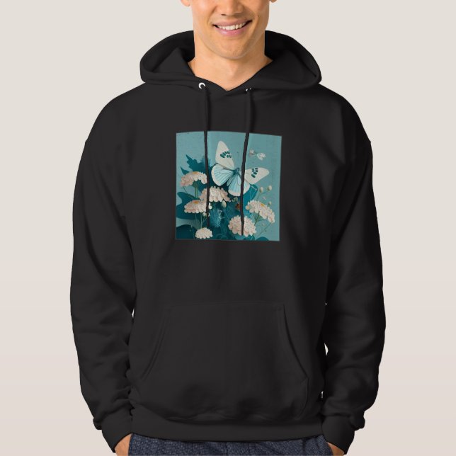 Cute White Butterfly Illustration Flowers Minimal  Hoodie (Framsida)