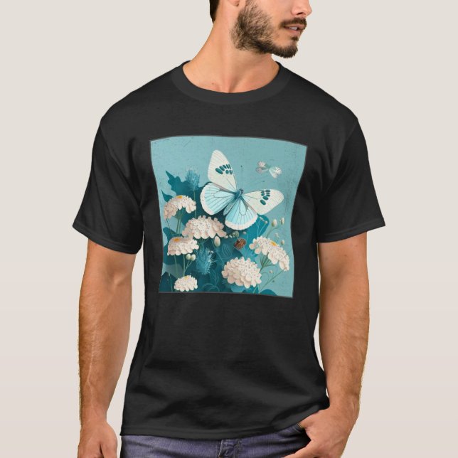 Cute White Butterfly Illustration Flowers Minimal  T Shirt (Framsida)
