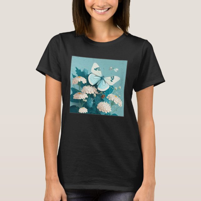 Cute White Butterfly Illustration Flowers Minimal  T Shirt (Framsida)