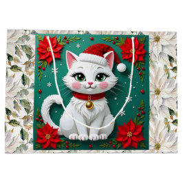Cute White Cat and Poinsettia Christmas