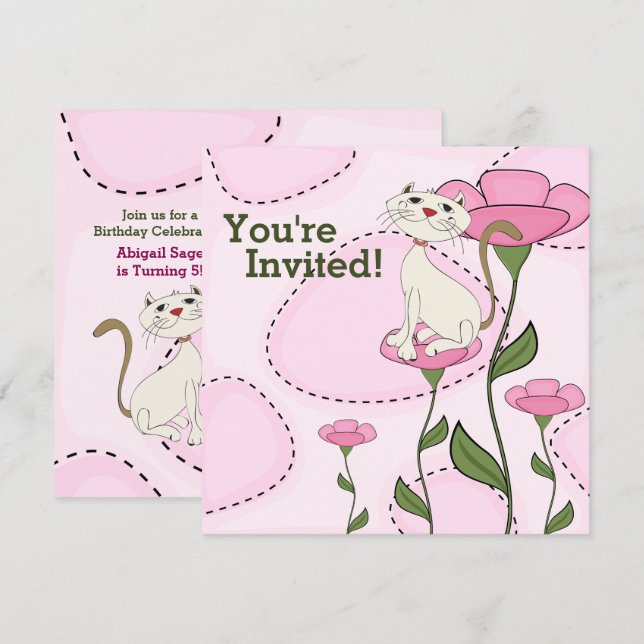 Cute White Cat and Rosa Flowers Birthday Inbjudningar (Fram/baksida)