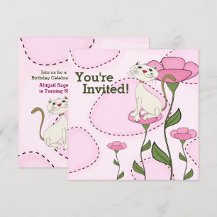 Cute White Cat and Rosa Flowers Birthday Inbjudningar