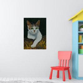 Cute White Cat Beval Grönt Ögon Red Nose Poster