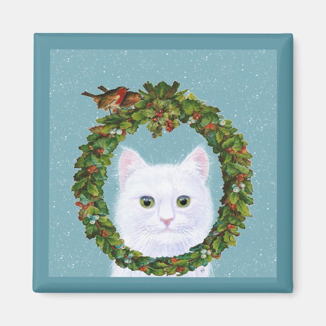 Cute White Cat Birds God God Snö-magnet Magnet (Framsidan)