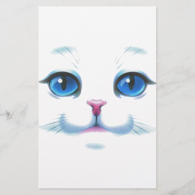 Cute White Cat Blue Öga Ansikte Brevpapper (Framsida)
