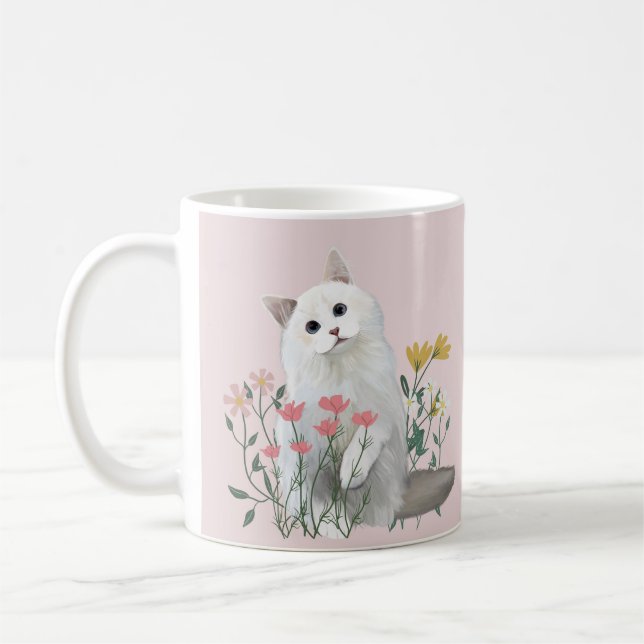Cute White Cat Cheerful Flowers Rosa Kaffemugg (Vänster)