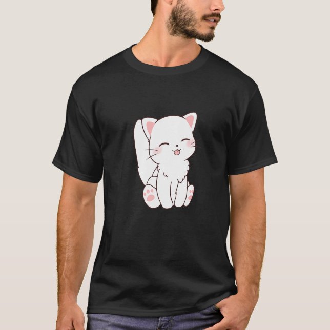 Cute White Cat Chibi Tunga stickande ut T Shirt (Framsida)