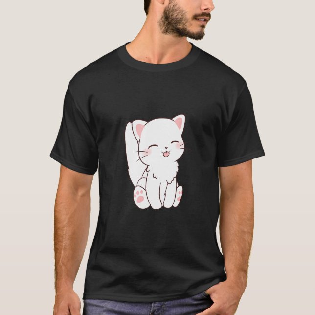 Cute White Cat Chibi Tunga stickande ut T Shirt (Framsida)