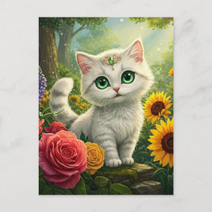 Cute White Cat Flower Fantasy Grönt Ögon vykort