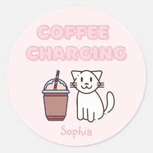 Cute White Cat&Funny Coffee Caffeine Pastel Classi Runt Klistermärke