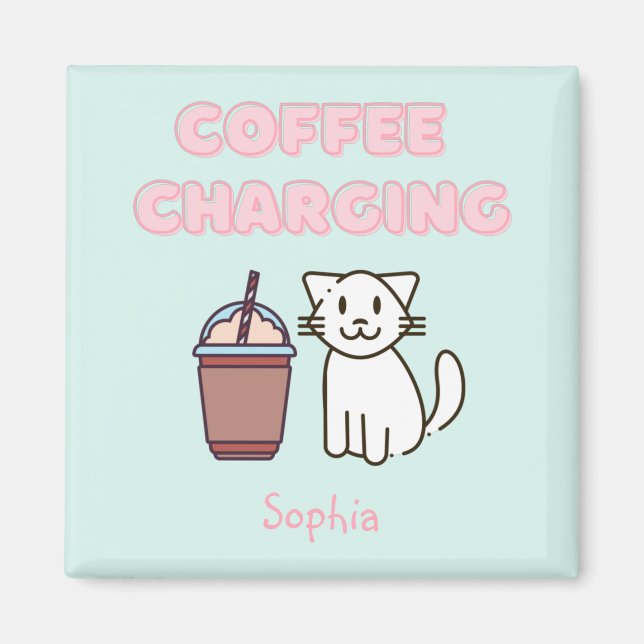 Cute White Cat&Funny Coffee Caffeine Pastel Magnet (Framsidan)