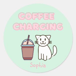 Cute White Cat&Funny Coffee Caffeine Pastel Runt Klistermärke