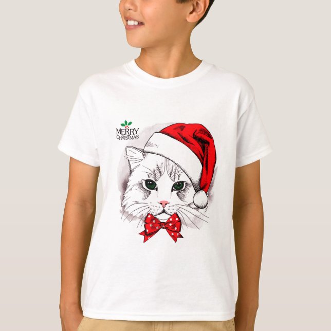 Cute White Cat God jul T Shirt (Framsida)