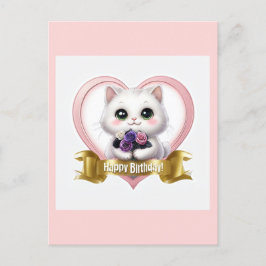 Cute White Cat Grattis på födelsedagen Helg Vykort
